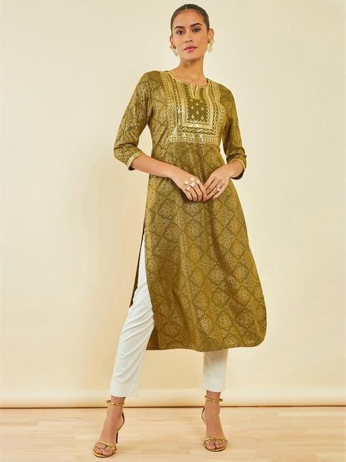 soch green embroidered straight kurta