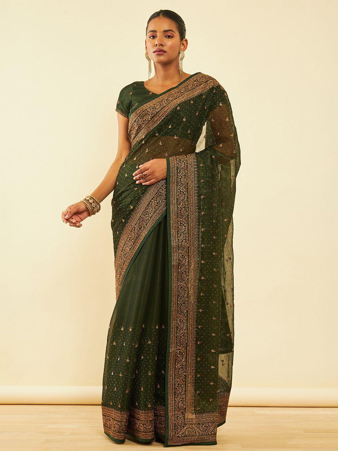 soch green embroidered zari pure chiffon saree