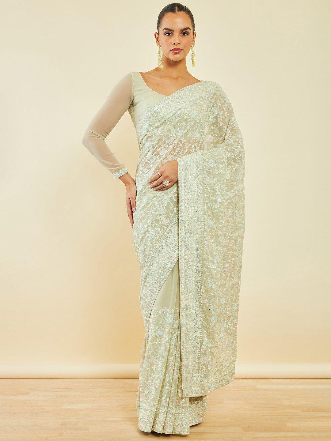 soch green floral embroidered beads and stones detailed saree