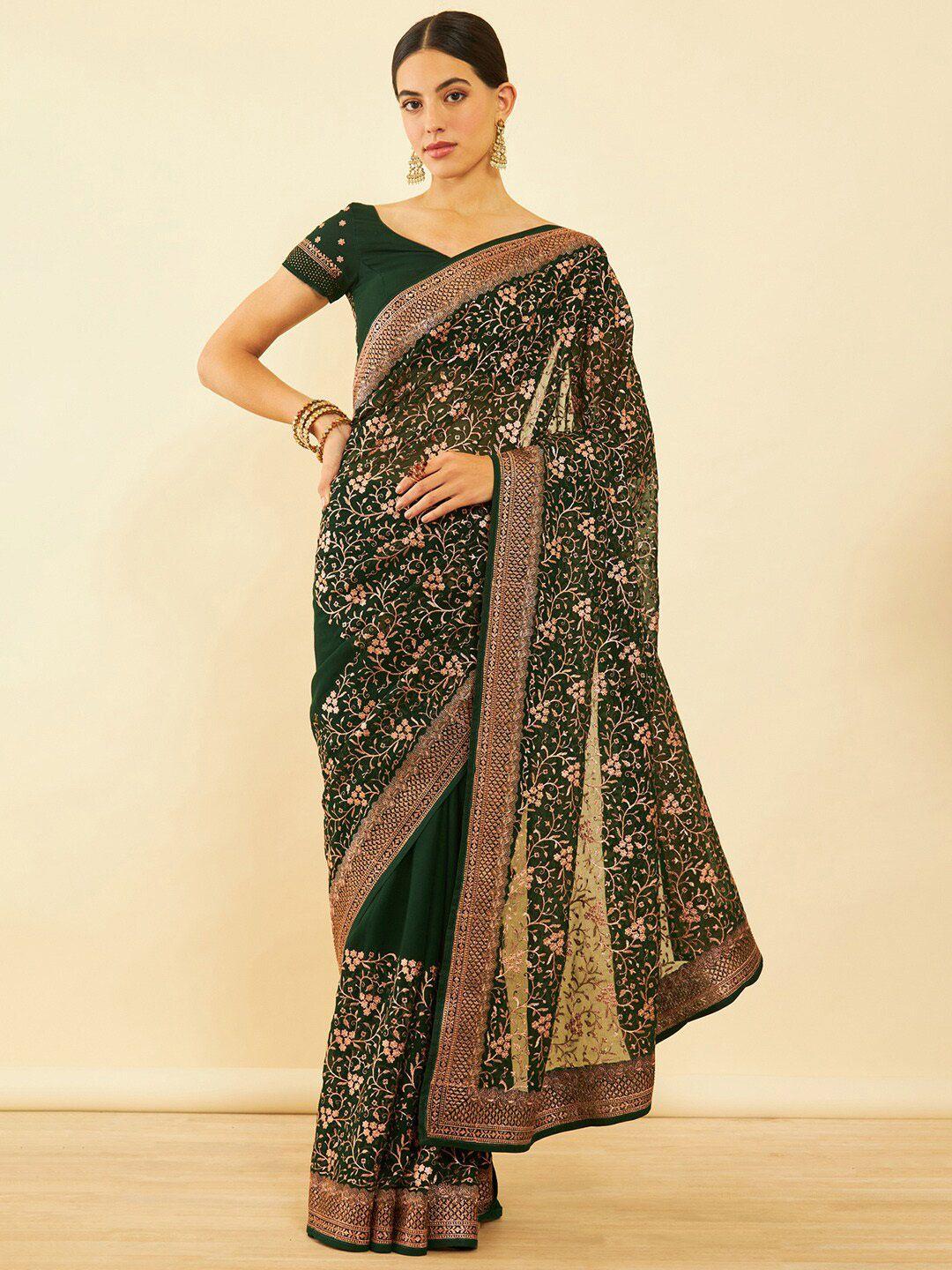 soch green floral embroidered pure chiffon saree