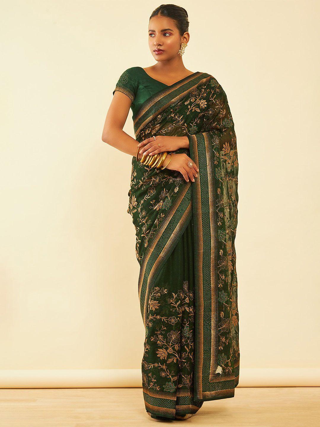 soch green floral embroidered zari pure chiffon saree