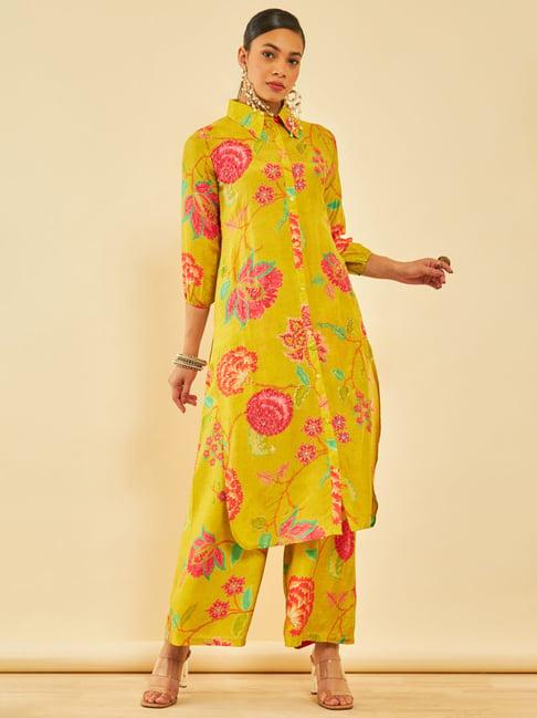 soch green floral print kurta palazzo set