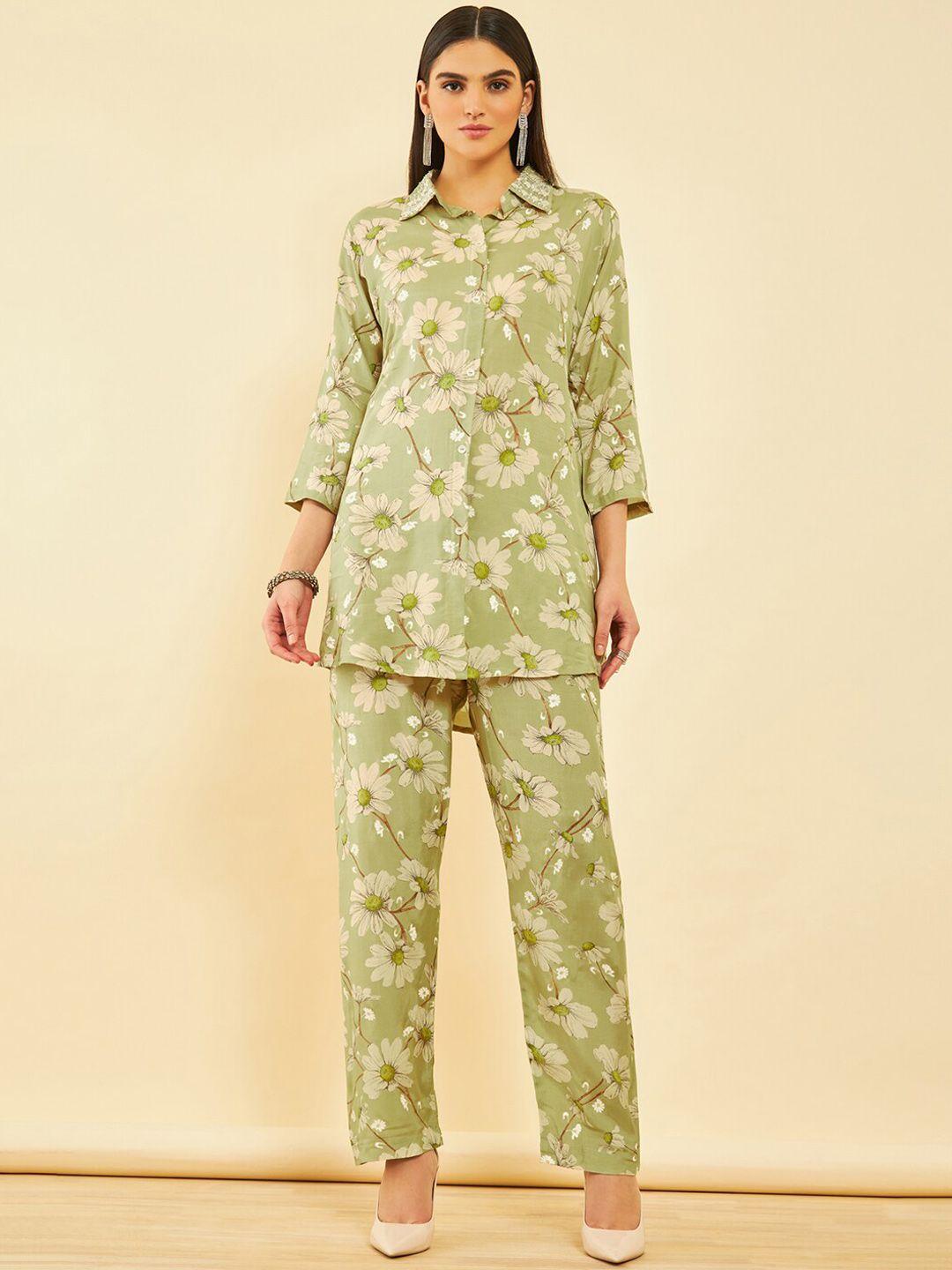 soch green floral printed tunic with trousers co-ords