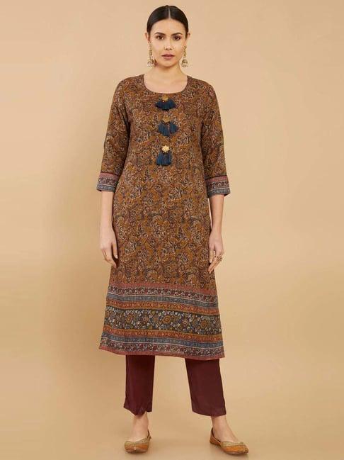 soch green linen paisley print straight kurta