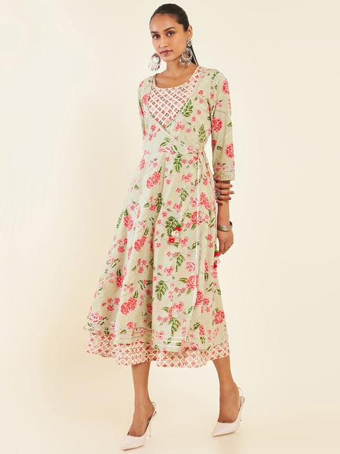 soch green printed a line dress with inner slip