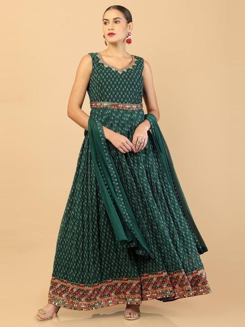 soch green printed kurta pant set with dupatta