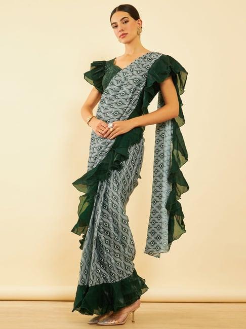 soch green printed ready to wear saree with readymade blouse