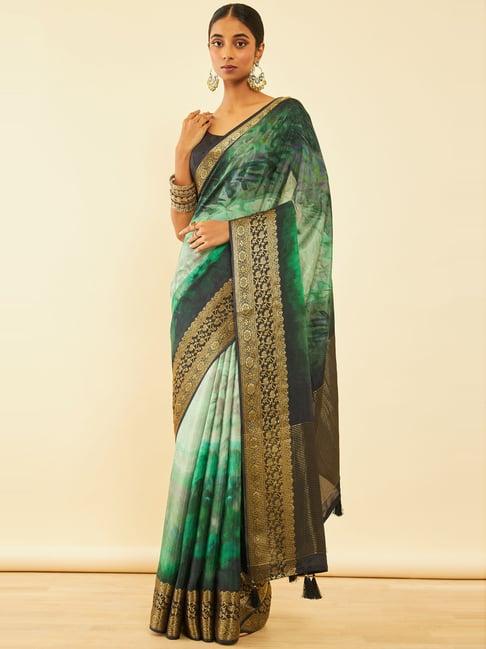soch green printed saree with unstitched blouse