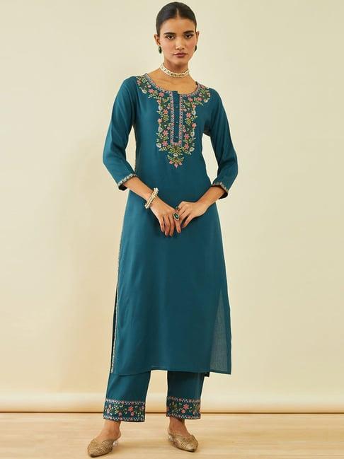 soch green rayon floral embroidered round-neck straight kurta sets