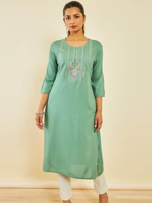 soch green rayon floral embroidered round-neck straight kurta