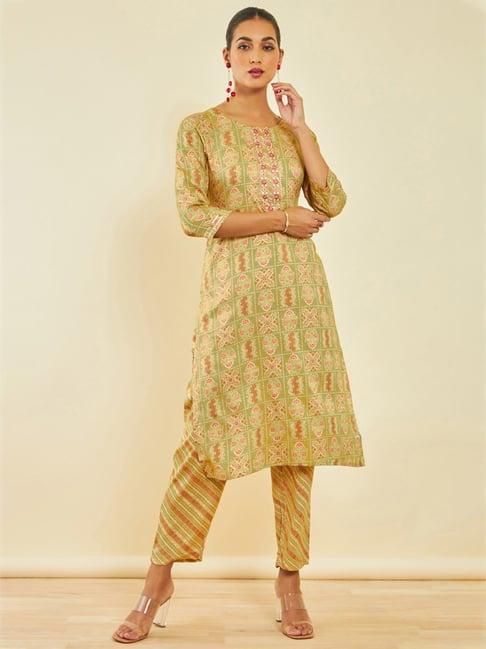 soch green rayon floral print round-neck straight kurta set