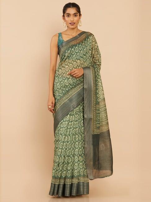 soch green silk printed saree with unstitched blouse