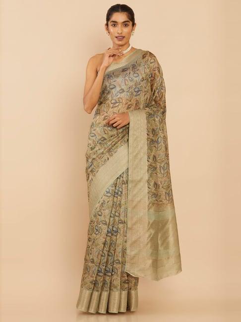 soch green silk printed saree with unstitched blouse