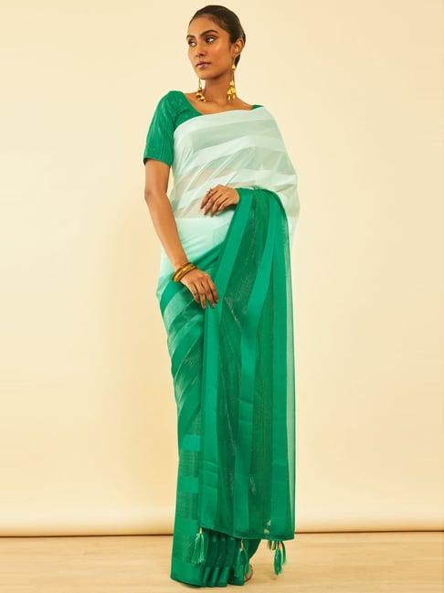 soch green striped saree with unstitched blouse