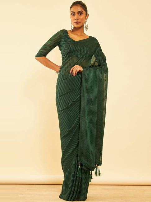 soch green striped saree with unstitched blouse