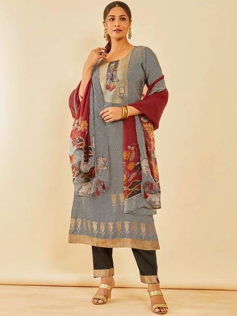 soch grey & black printed kurta pant set with dupatta