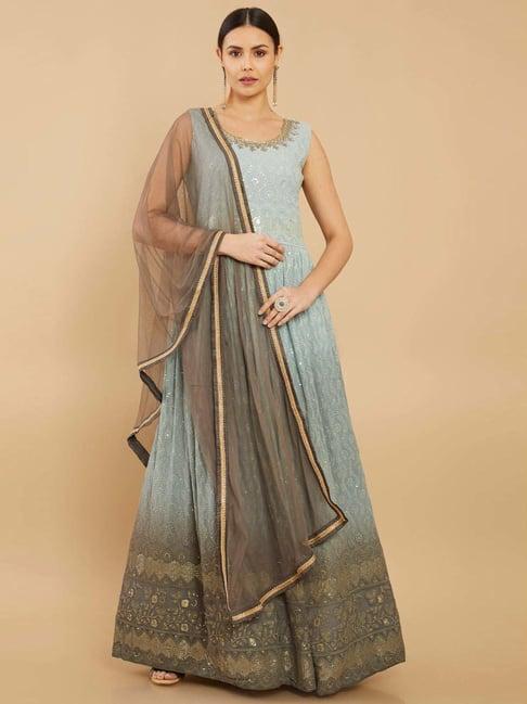 soch grey & brown embroidered kurta pant set with dupatta