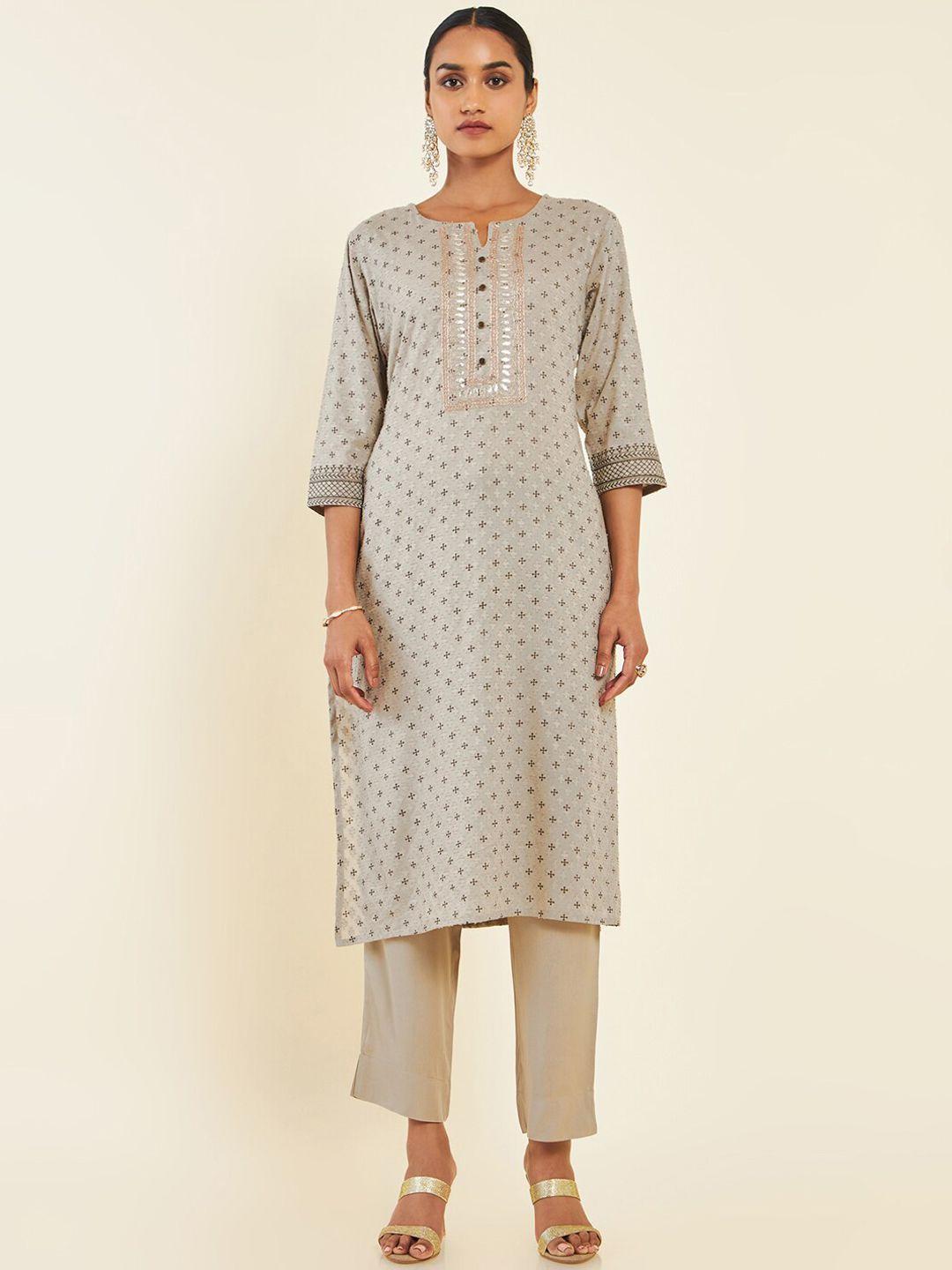 soch grey & brown printed pure cotton kurta with trousers & dupatta