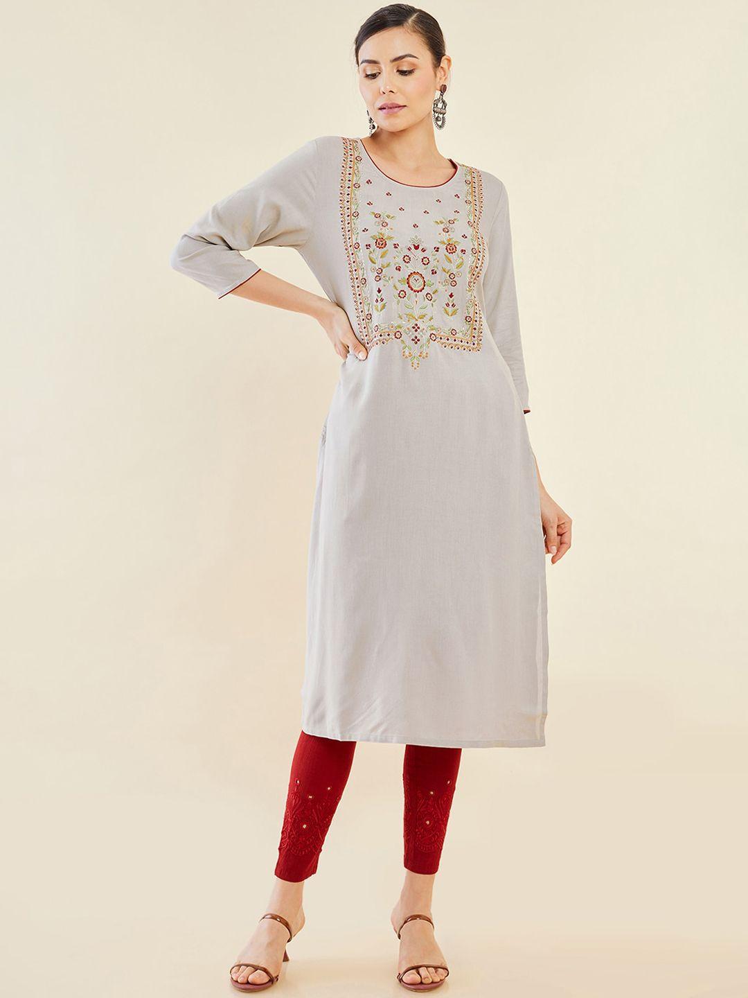 soch grey & red floral embroidered kurta