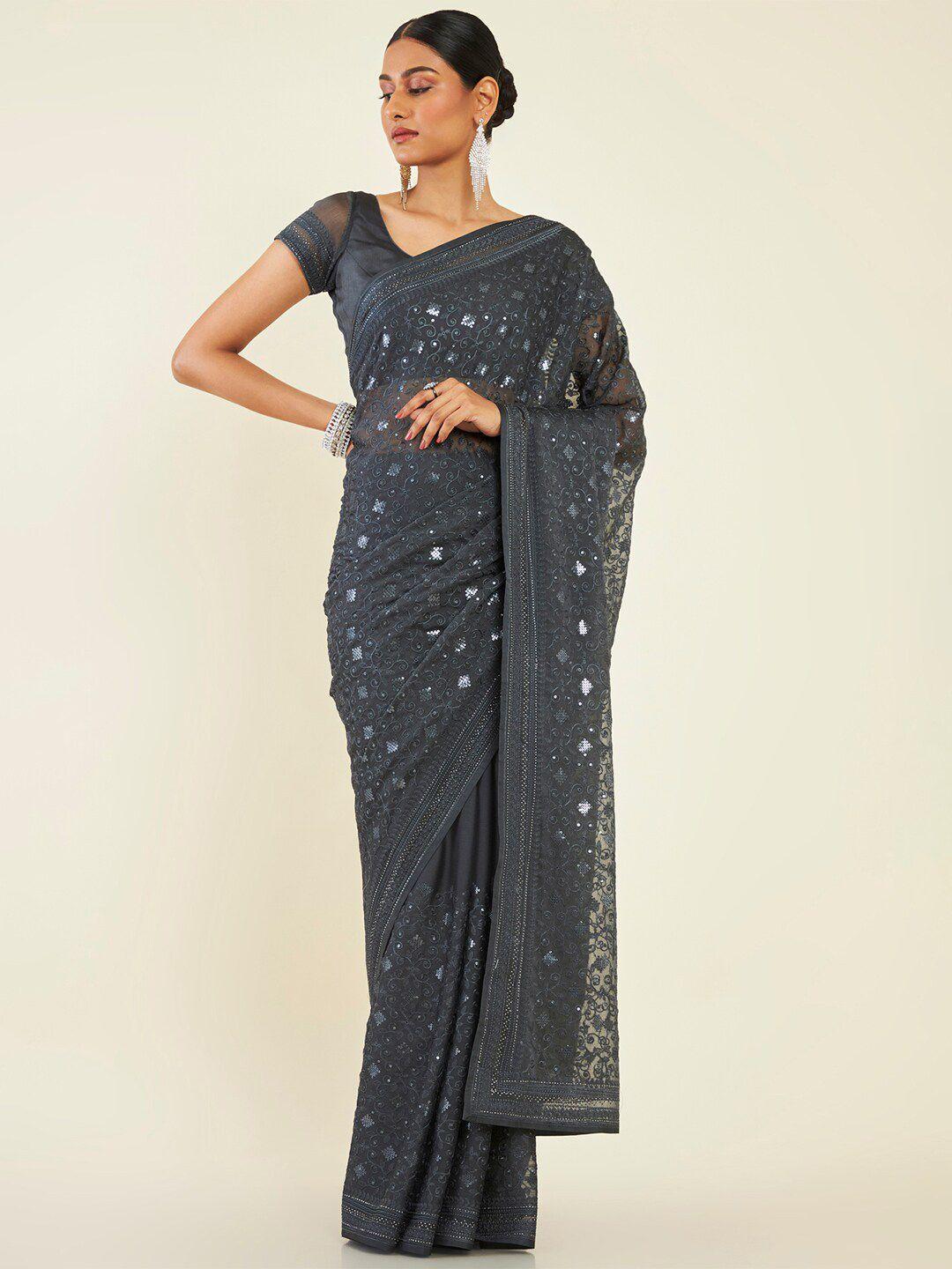 soch grey & silver-toned embellished beads and stones pure chiffon saree