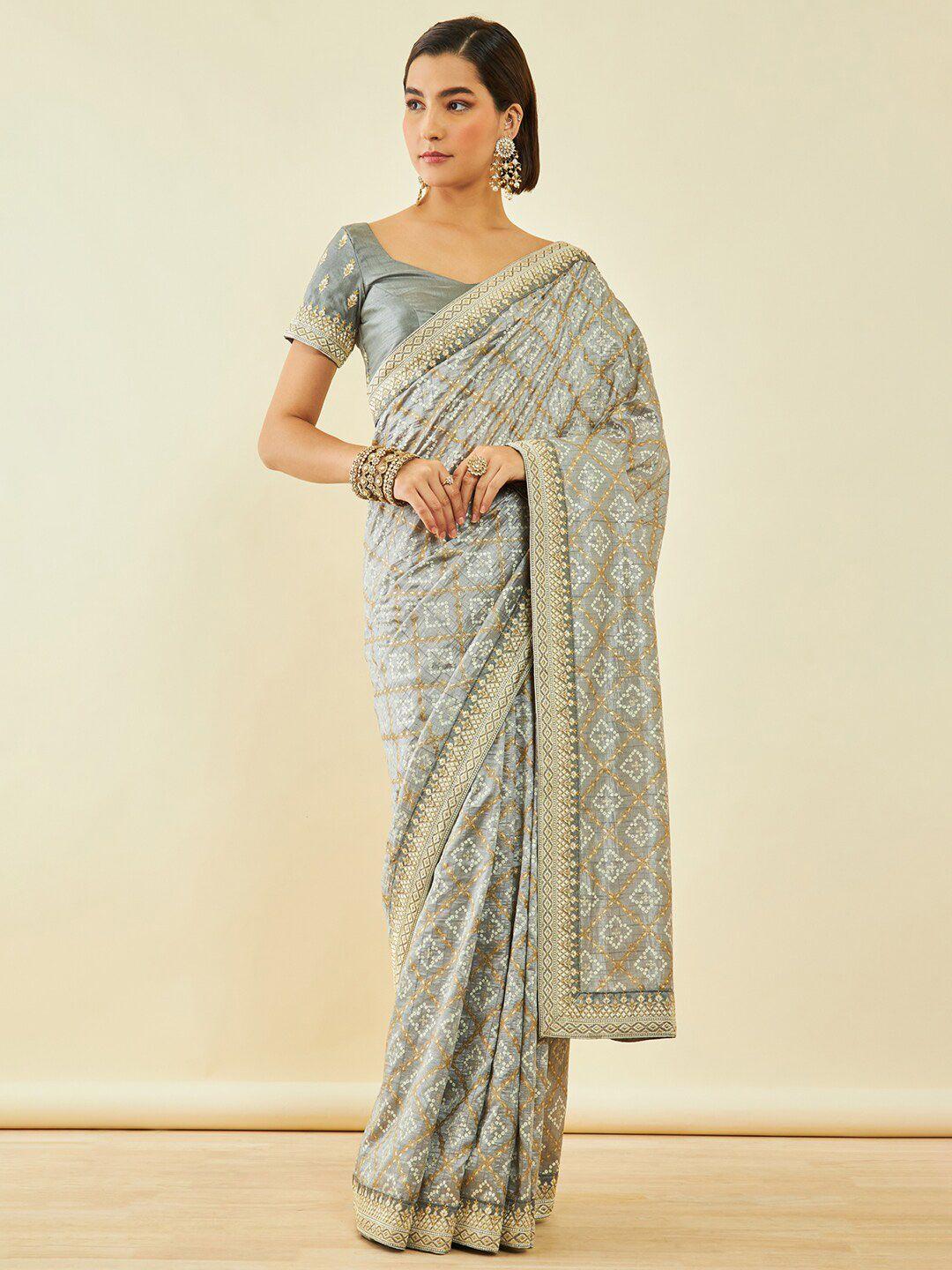 soch grey & white bandhani embroidered silk blend bandhani saree