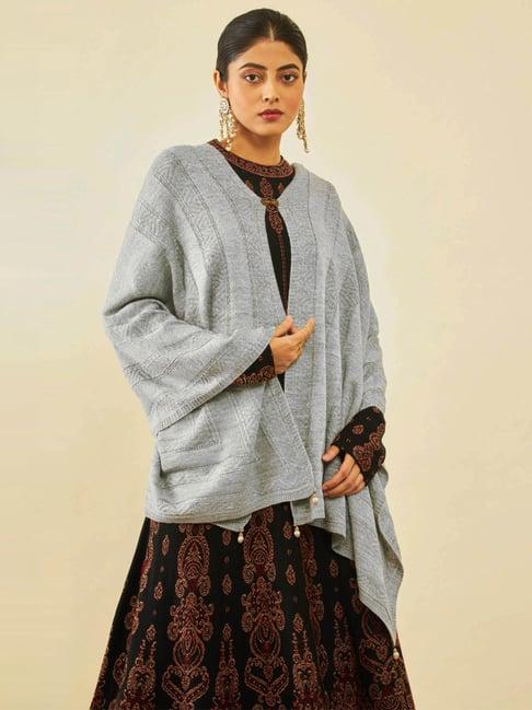 soch grey acrylic geometric pattern knitted shawl with beaded tassels