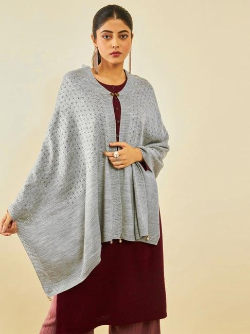 soch grey acrylic pointelle-knit shawl with pearl tassels