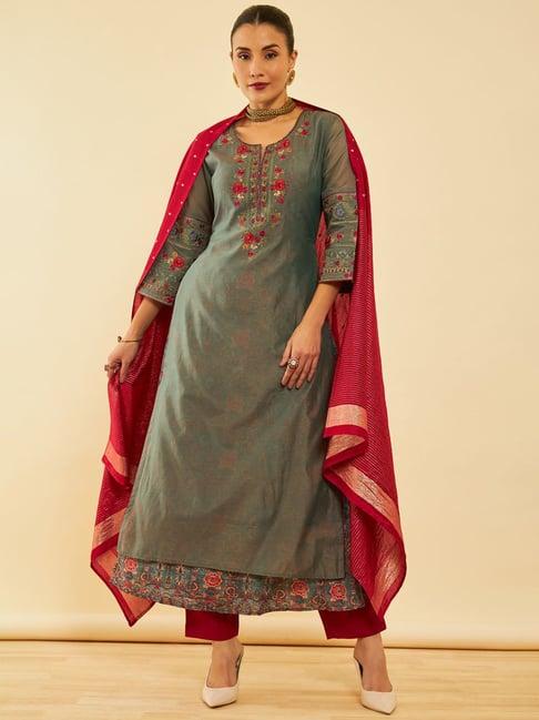 soch grey chanderi floral embroidered suit set with zari