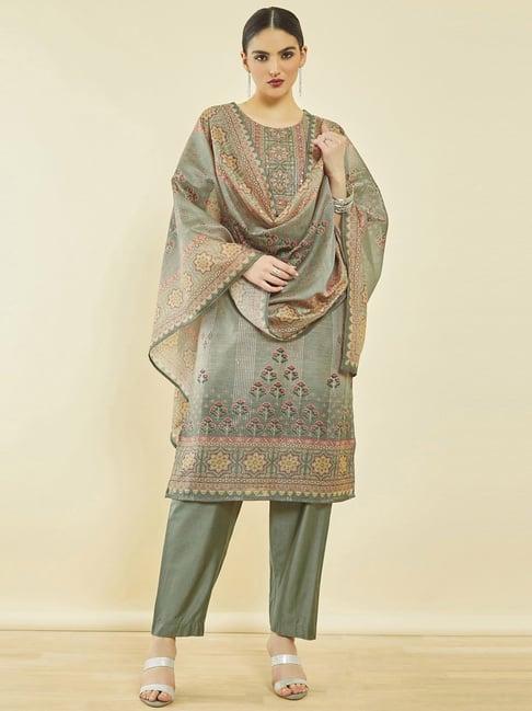 soch grey chanderi floral print suit set with dupatta