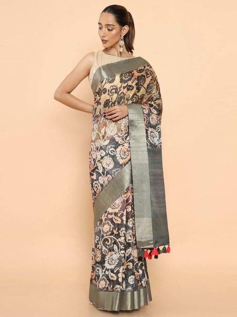 soch grey cotton floral print saree with unstitched blouse