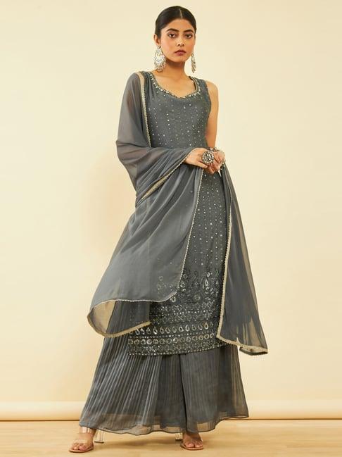 soch grey embellished kurta palazzo set with dupatta