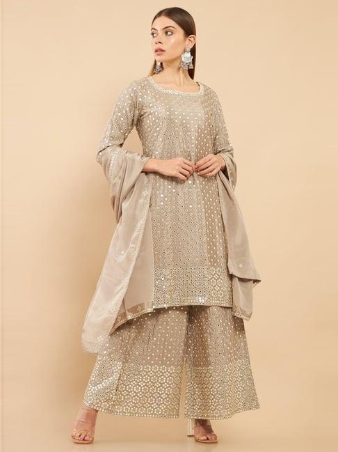 soch grey embroidered kurta palazzo set with dupatta