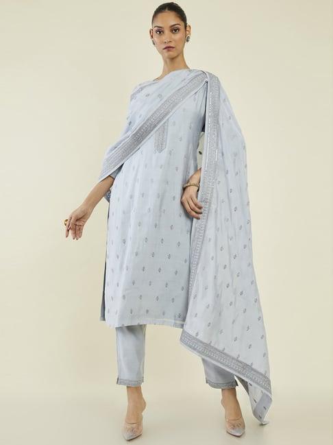 soch grey embroidered kurta pant set with dupatta