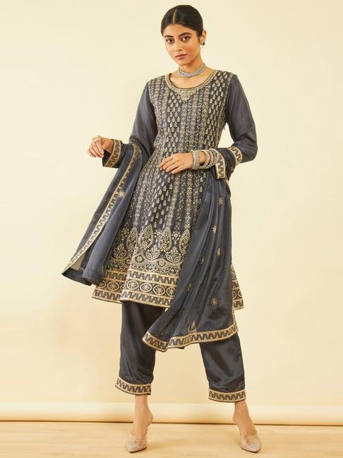 soch grey embroidered kurta pant set with dupatta