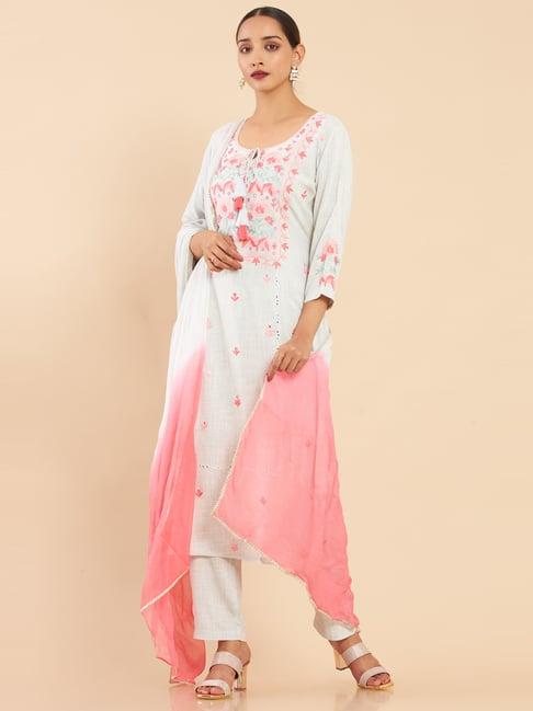 soch grey embroidered kurta pant set with dupatta