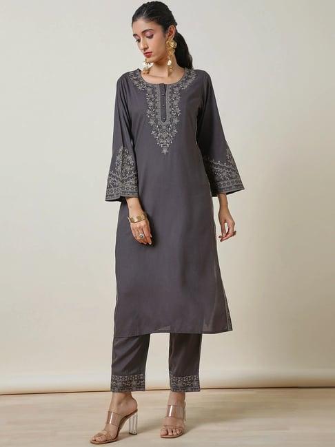 soch grey embroidered kurta pant set