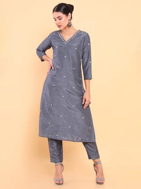 soch grey embroidered kurta pant set