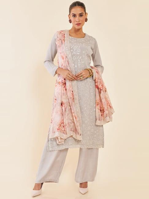 soch grey embroidered unstitched dress material