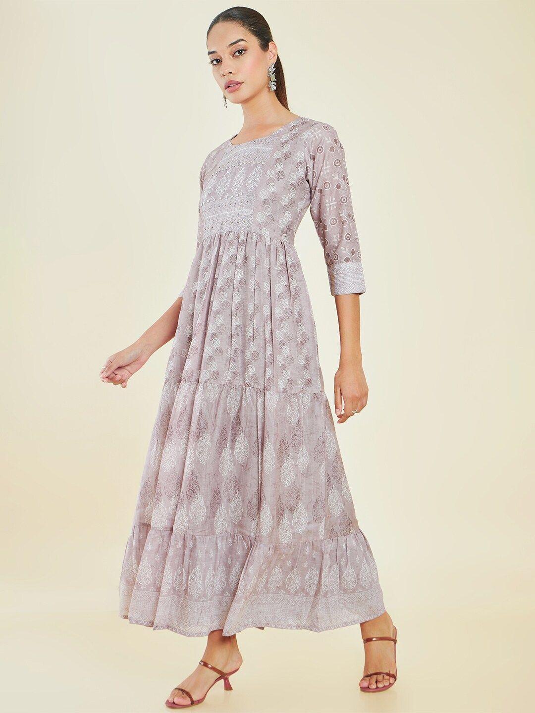 soch grey ethnic motif printed embellished tiered fit & flare maxi ethnic dress