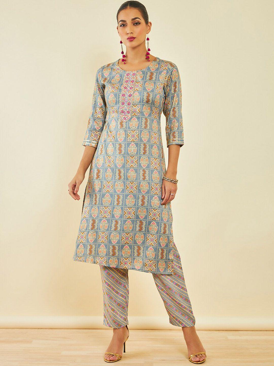 soch grey ethnic motifs printed gotta patti straight kurta with trousers