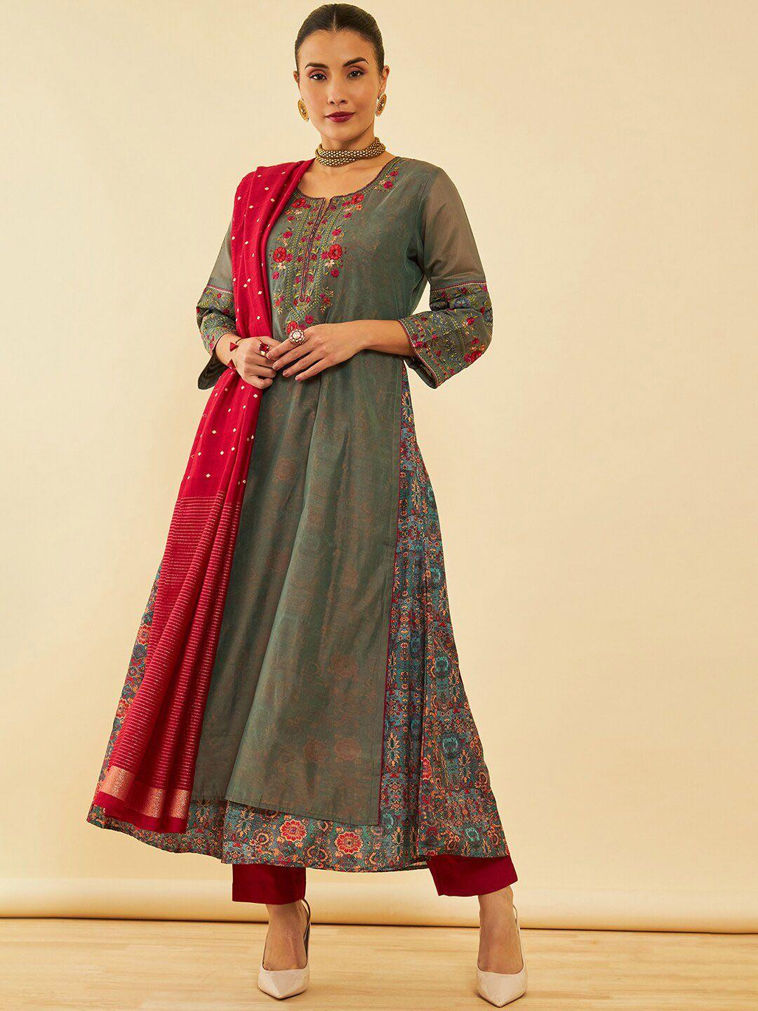 soch grey floral embroidered layered thread work a-line kurta with trousers & dupatta