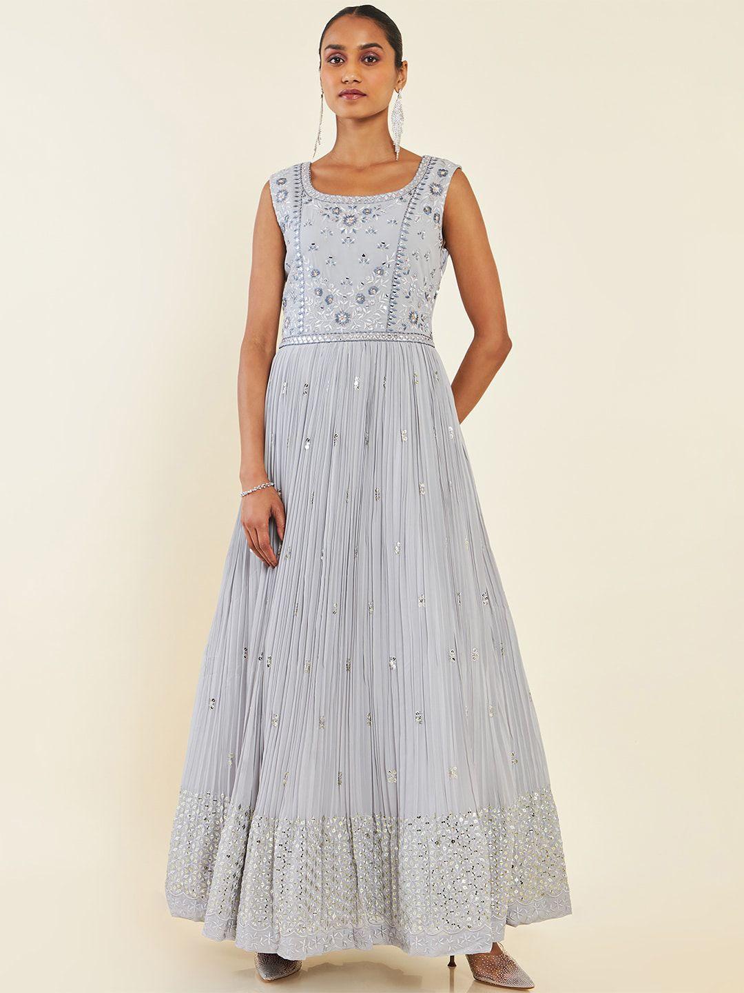 soch grey floral embroidered panelled anarkali kurta with churidar & dupatta