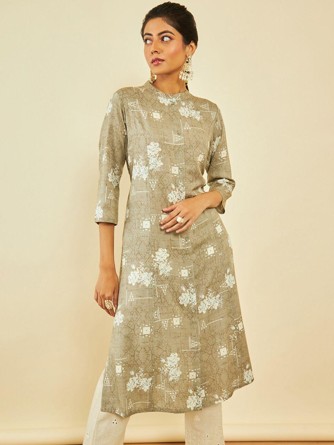 soch grey floral printed straight kurta