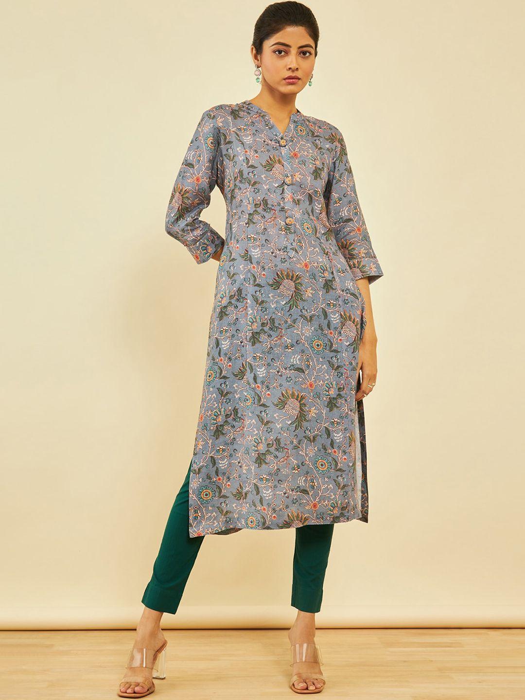 soch grey floral printed straight linen kurta