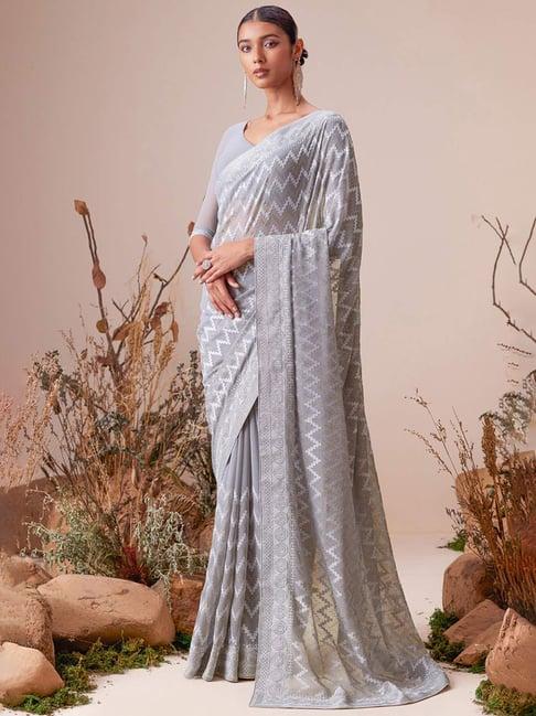 soch grey georgette all-over embroidered saree with stonework