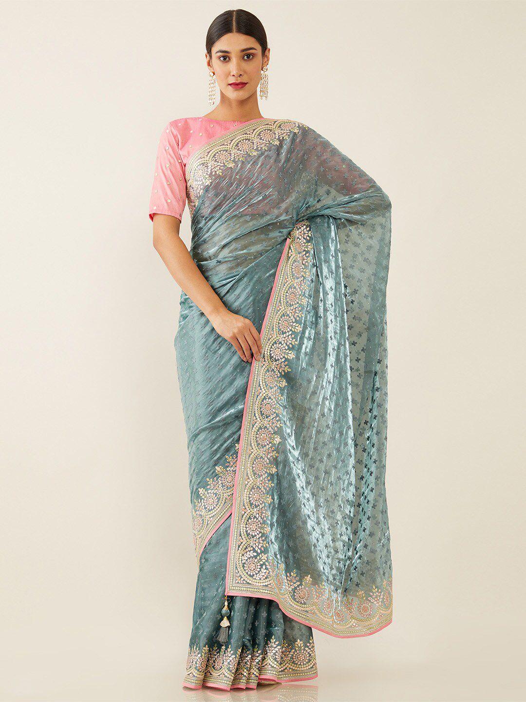 soch grey green & pink floral embroidered tissue saree