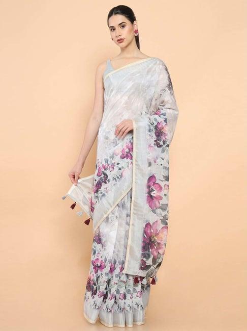 soch grey linen floral print saree with unstitched blouse