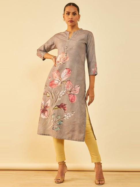 soch grey muslin blend placement floral print straight kurta