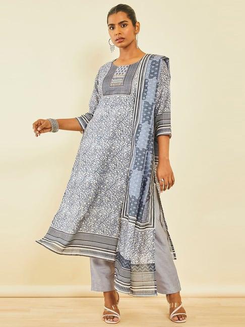 soch grey muslin floral print suit set with dupatta