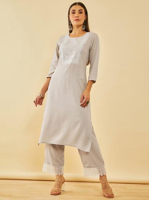 soch grey rayon embroidered kurta set with faux mirror